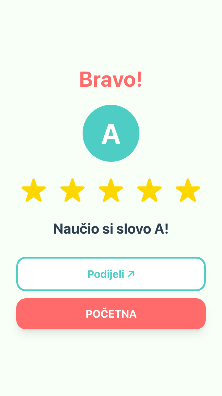 Bravo! Naučio si slovo A. Pet zvjezdica, zaslon nakon završene vježbe.